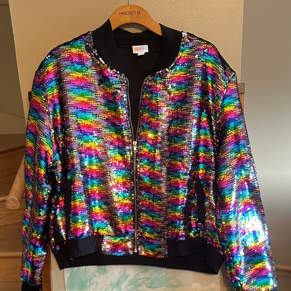 LuLaRoe NWT rainbow Sequin bomber Jacket - Picture 3 of 9